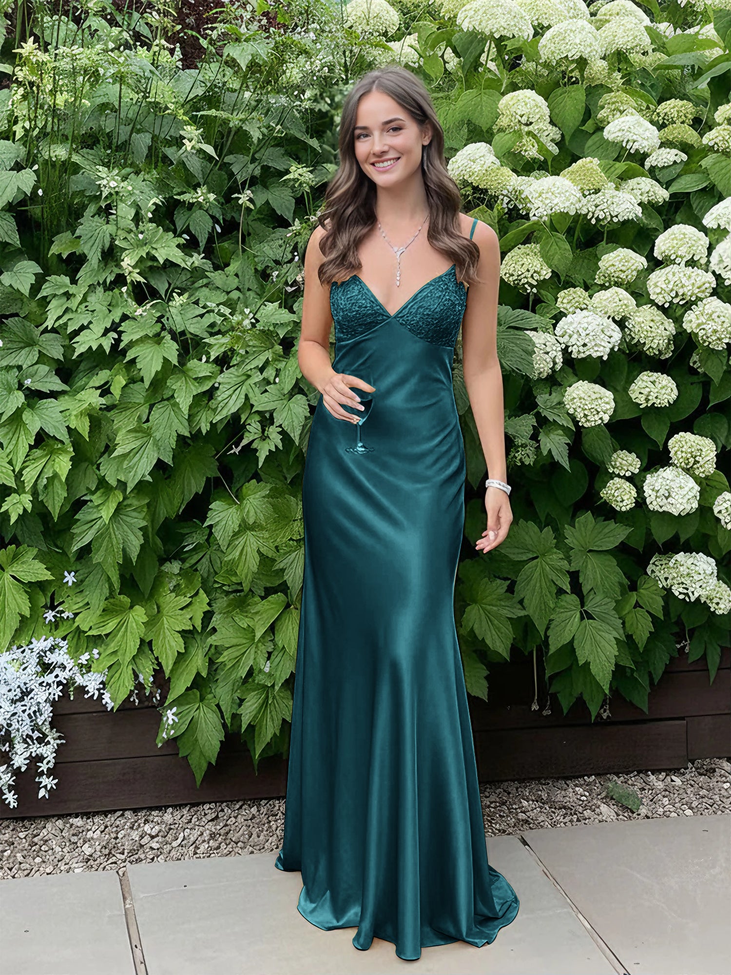 Blue A Line V-neck Beaded Back Tie Long Prom Dress