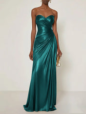 Evening Formal Dress V Neck Silver Silk Ruffles Strapless Maxi Dress