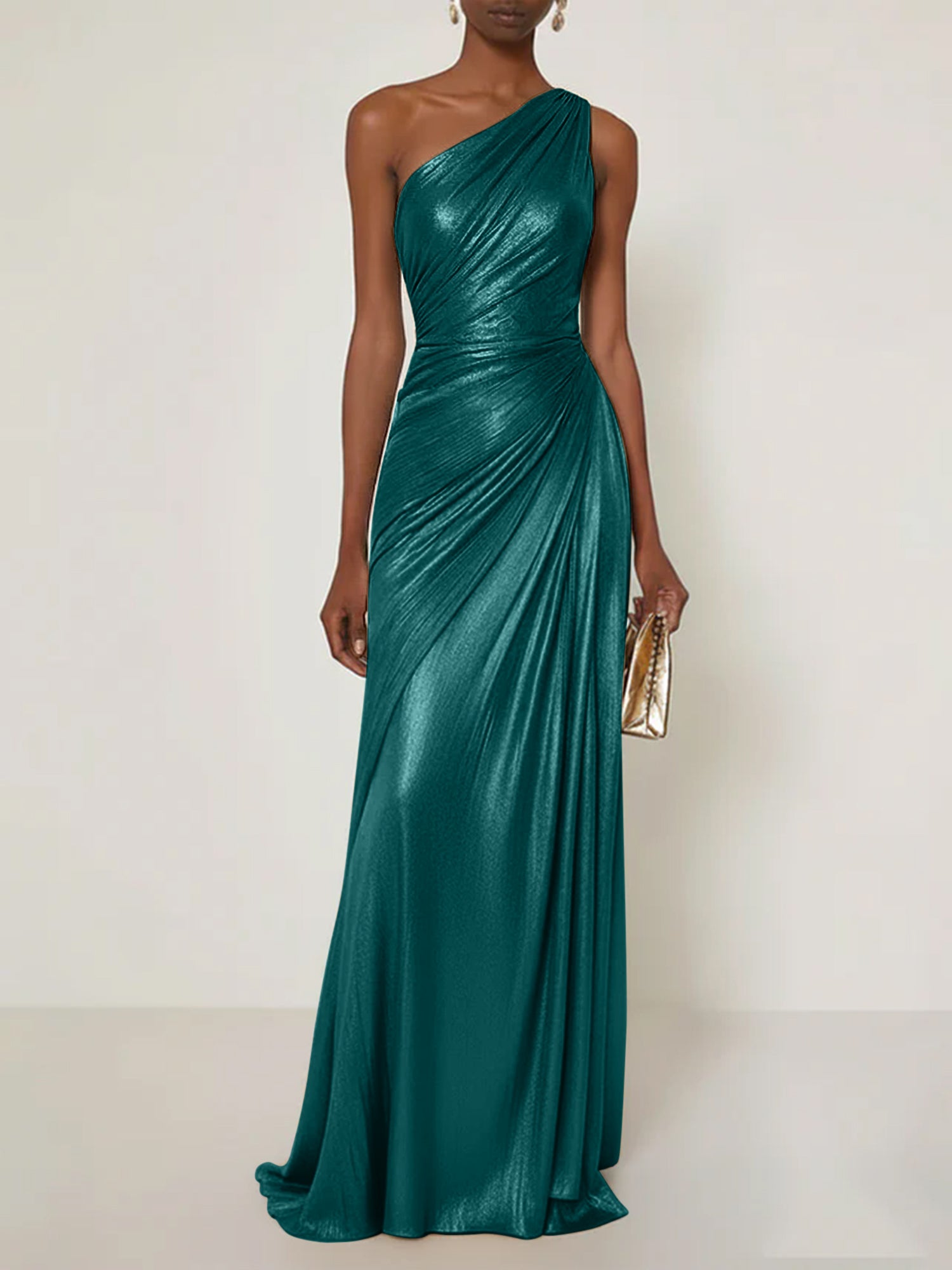 Evening Formal Dress One Shoulder Silk Ruffles Maxi Dress