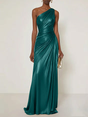 Evening Formal Dress One Shoulder Silk Ruffles Maxi Dress