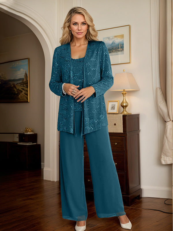 Chiffon Mother of the Bride Pantsuits with Jacket & Sequins