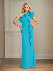 Navy Stretch Crepe Sheath/Column One Shoulder Floor Length Mother of the Bride Dresses With Ruffles