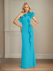 Navy Stretch Crepe Sheath/Column One Shoulder Floor Length Mother of the Bride Dresses With Ruffles
