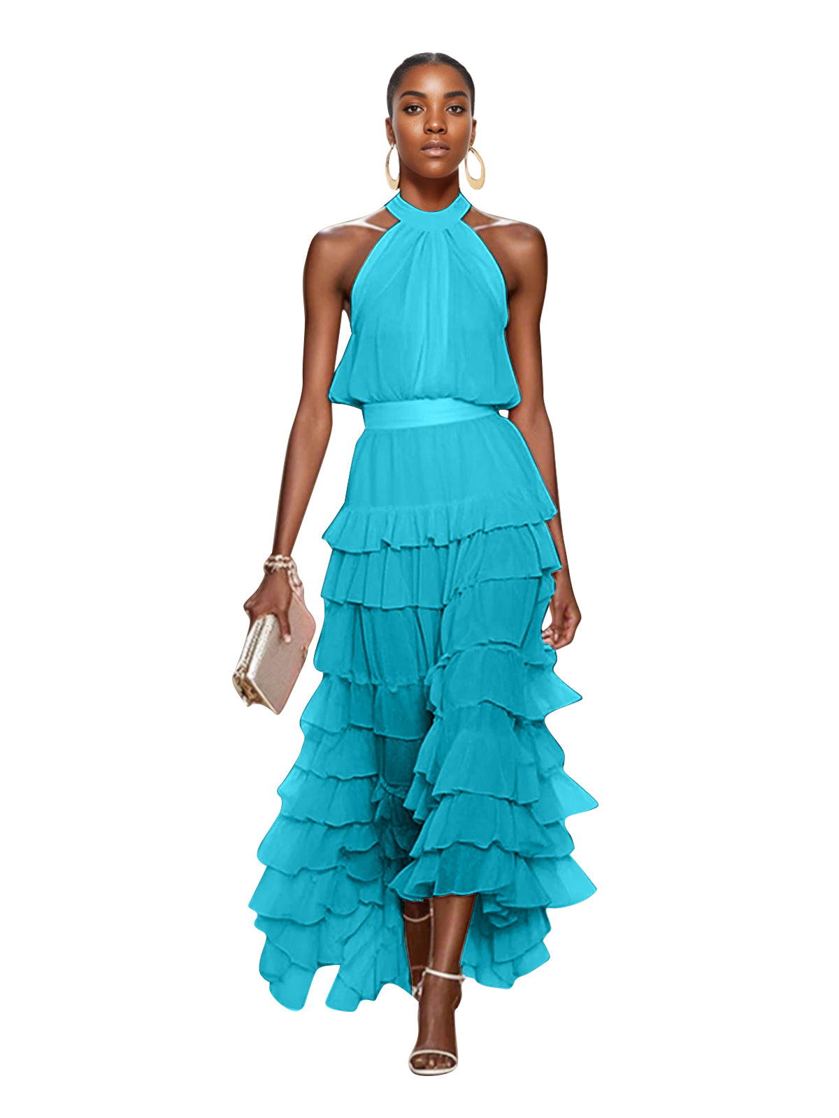 A Line Pink Chiffon Halter Neck Sleeveless Ankle Length Dress With Cascading Ruffles