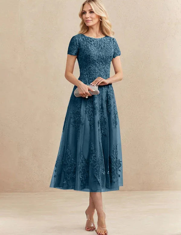 A-line Scoop Tea-Length Tulle Lace Mother of the Bride Dress