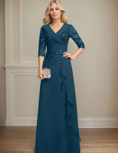 Robe de mère de la mariée trapèze, col en V, longueur au sol, en mousseline de soie et dentelle, avec volants en cascade et paillettes 