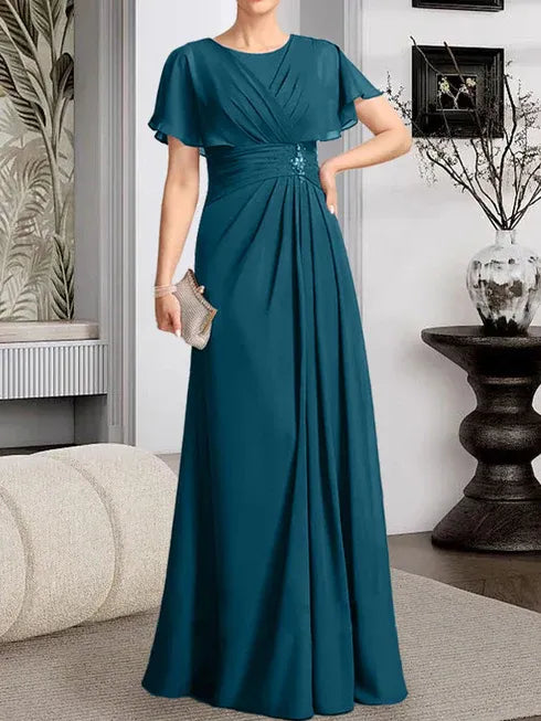 A-line Scoop Floor-Length Chiffon Mother of the Bride Dress With Pleated Beading