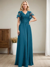 A-line V-Neck Floor-Length Lace Chiffon Mother of the Bride Dress With Sequins