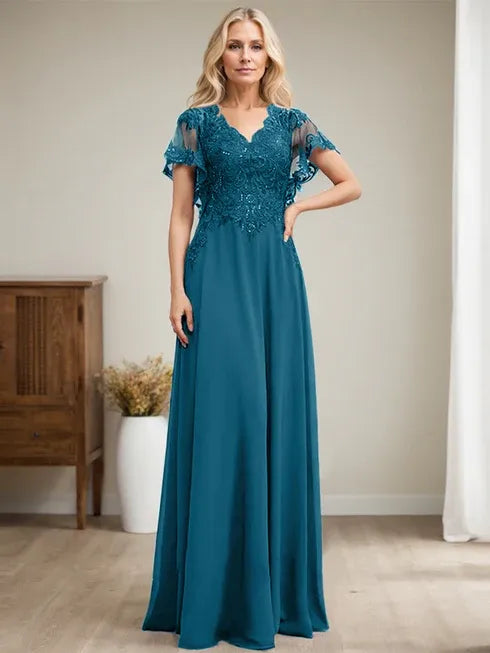 A-line V-Neck Floor-Length Lace Chiffon Mother of the Bride Dress With Sequins