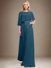 A-line Scoop Floor-Length Chiffon Lace Mother of the Bride Dress With Sequins Beading