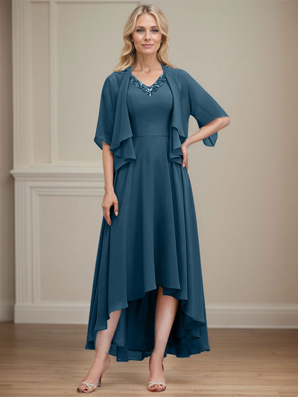 A-line V-Neck Asymmetrical Chiffon Mother of the Bride Dress With Beading Sequins
