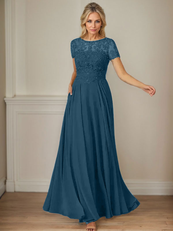 Dark Navy A-Line Boatneck Sequins Chiffon Dress