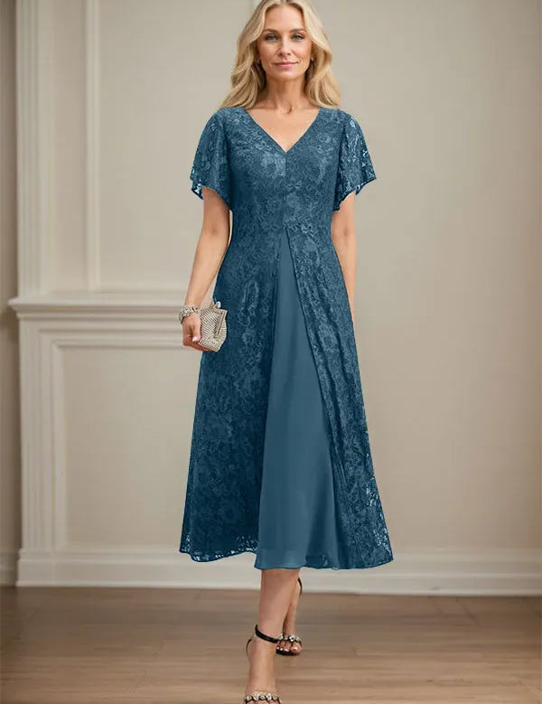 A-line V-Neck Tea-Length Lace Chiffon Mother of the Bride Dress