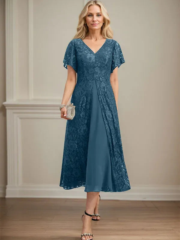 Robe de mère de la mariée en mousseline de soie, coupe trapèze, col en V et longueur thé 