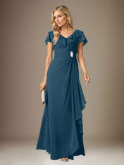 Stormy A-Line V-Neck Ruched Chiffon Dress