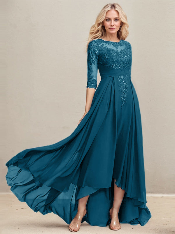 A-line Scoop Illusion Asymmetrical Lace Chiffon Mother of the Bride Dress With Pleated Sequins