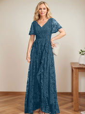 A-Line V-Neck Asymmetrical Lace Mother of the Bride Dress With Cascading Ruffles