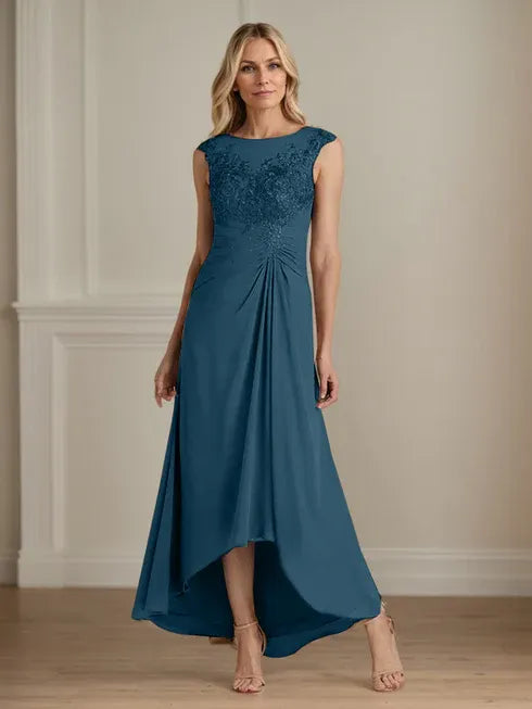 Champagne A-Line Scoop Lace Chiffon Dress