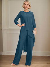 Separates Jumpsuit/Pantsuit Scoop Floor-Length Chiffon Mother of the Bride Dress With Sequins Beading