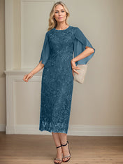 Sheath/Column Scoop Tea-Length Lace Chiffon Mother of the Bride Dress