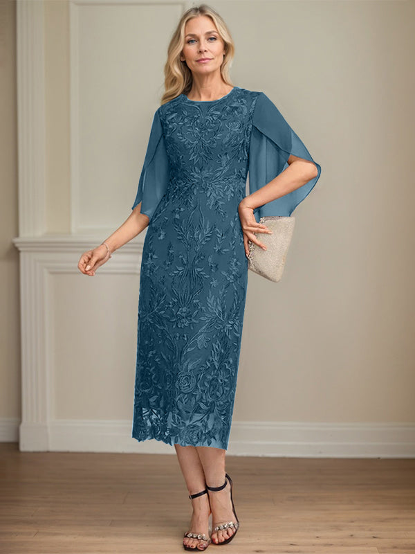 Column Scoop Tea-Length Lace Chiffon Mother of the Bride Dress