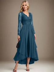 A-line V-Neck Asymmetrical Lace Chiffon Mother of the Bride Dress