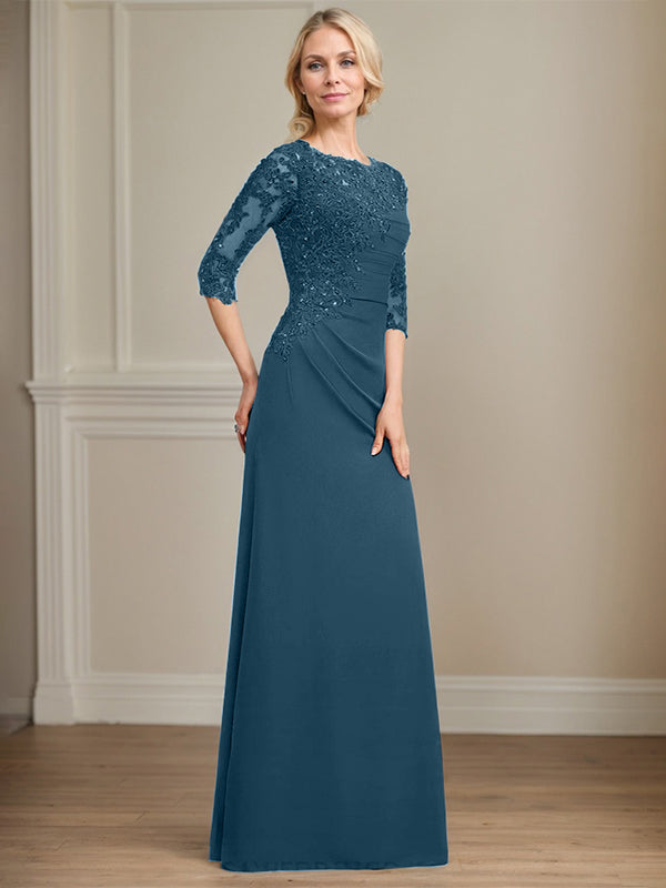 A-line Scoop Floor-Length Chiffon Lace Mother of the Bride Dress With Beading Pleated Sequins