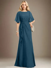 A-line Scoop Floor-Length Chiffon Mother of the Bride Dress With Cascading Ruffles Beading Sequins