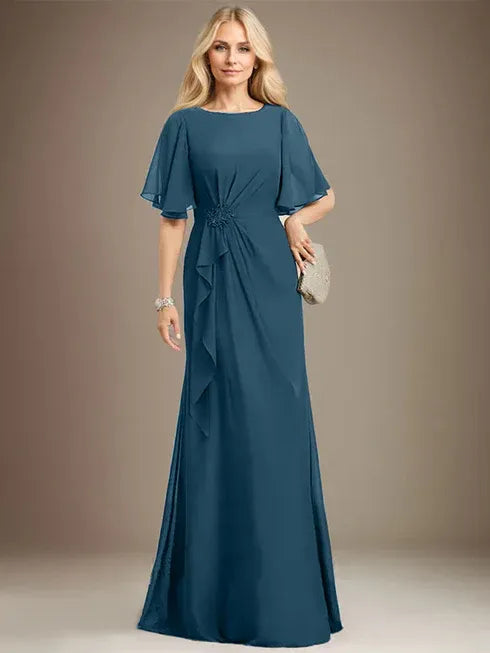 A-line Scoop Floor-Length Chiffon Mother of the Bride Dress With Cascading Ruffles Beading Sequins