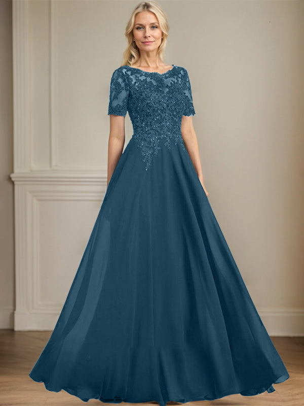 A-line Scoop Illusion Floor-Length Chiffon Lace Mother of the Bride Dress With Sequins Beading