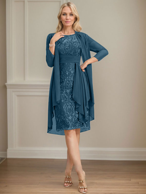 Column Scoop Illusion Knee-Length Lace Chiffon Mother of the Bride Dress With Cascading Ruffles Sequins