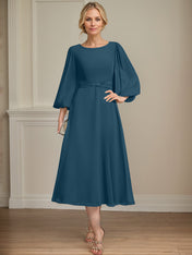 A-line Scoop Tea-Length Chiffon Mother of the Bride Dress With Crystal Brooch Pleated