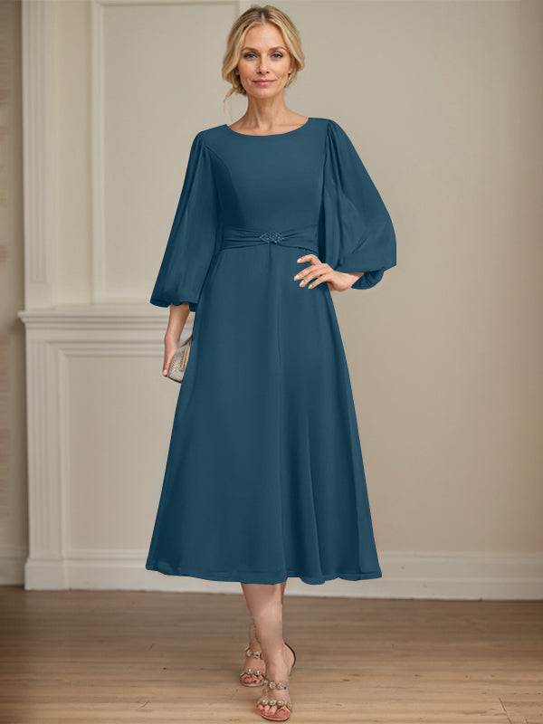 A-line Scoop Tea-Length Chiffon Mother of the Bride Dress With Crystal Brooch Pleated