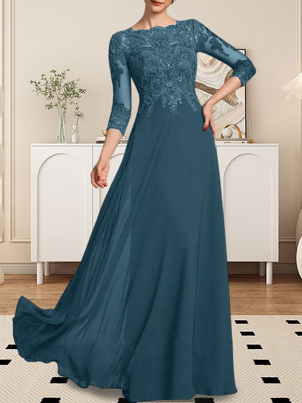 A-line Scoop Floor-Length Lace Chiffon Mother of the Bride Dress With Sequins
