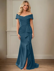Sheath/Column V-Neck Illusion Floor-Length Lace Chiffon Mother of the Bride Dress With Pleated Sequins