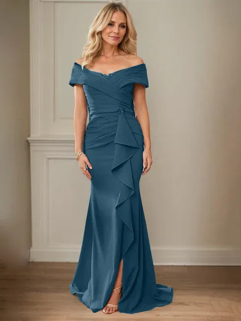 Column V-Neck Illusion Floor-Length Lace Chiffon Mother of the Bride Dress With Pleated Sequins