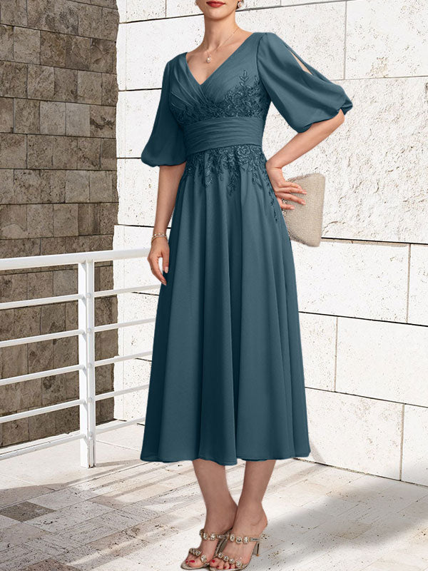 A-line V-Neck Tea-Length Lace Chiffon Mother of the Bride Dress With Pleated