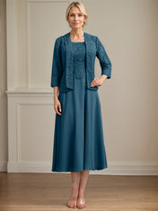 A-line Scoop Tea-Length Lace Chiffon Mother of the Bride Dress