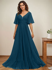 A-line V-Neck Floor-Length Chiffon Mother of the Bride Dress With Sequins Appliques Lace Pleated