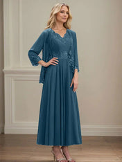 A-line V-Neck Ankle-Length Chiffon Mother of the Bride Dress With Sequins Appliques Lace Beading