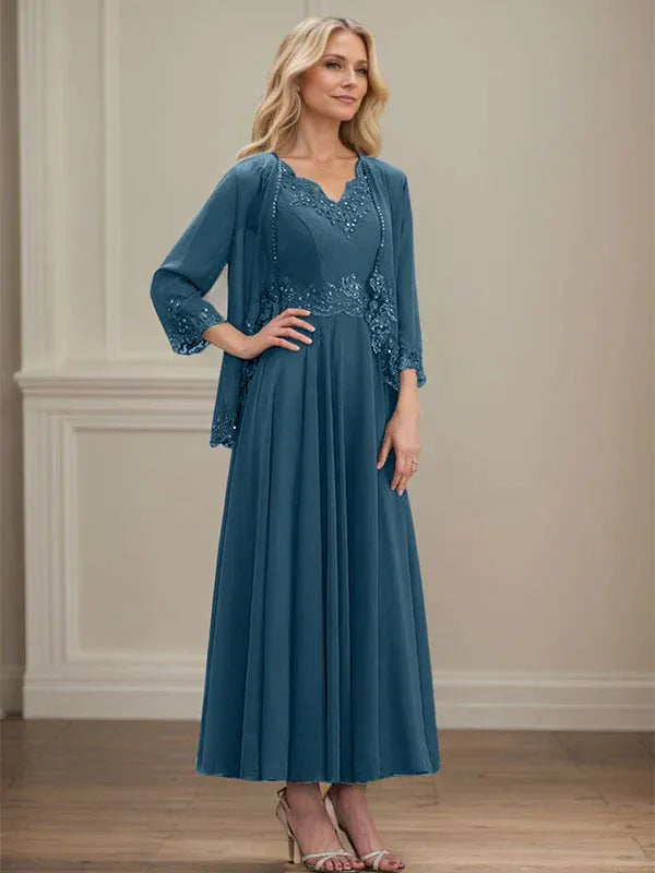 Robe de mère de la mariée trapèze en mousseline de soie, col en V, longueur cheville, avec appliques à paillettes et perles en dentelle 
