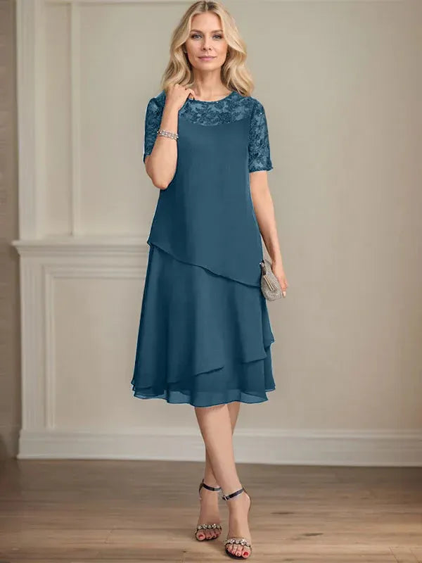 A-line Scoop Illusion Knee-Length Lace Chiffon Mother of the Bride Dress With Sequins