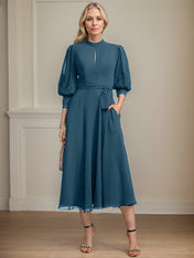 A-line High Neck Tea-Length Lace Chiffon Mother of the Bride Dress With Bow