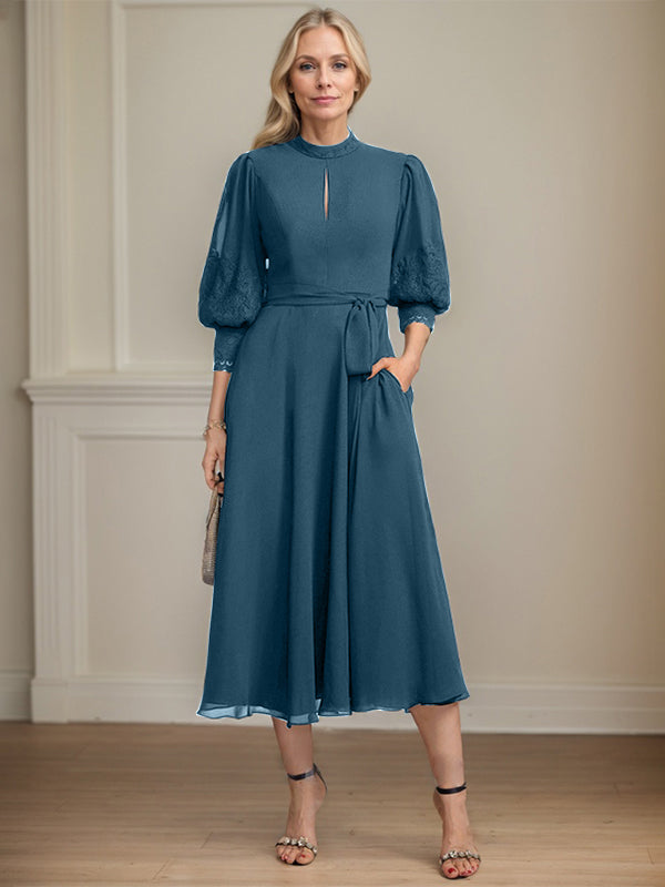 A-line High Neck Tea-Length Lace Chiffon Mother of the Bride Dress With Bow