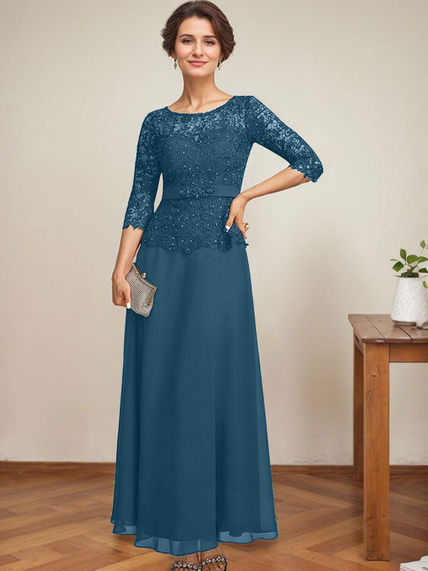 A-line Scoop Illusion Ankle-Length Chiffon Lace Mother of the Bride Dress With Rhinestone Beading