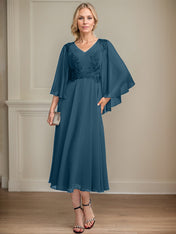 A-line V-Neck Tea-Length Chiffon Lace Mother of the Bride Dress With Beading Sequins