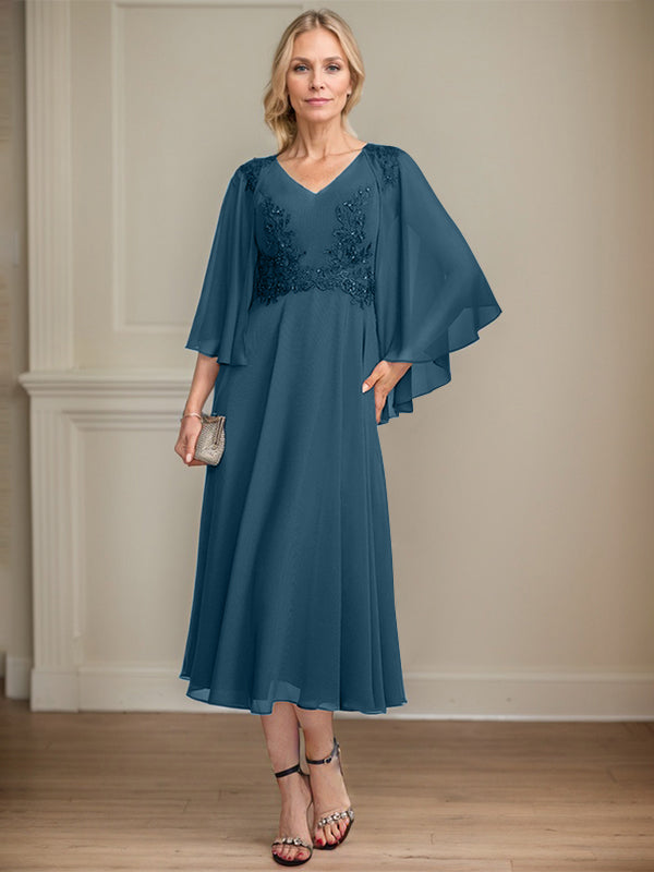 A-line V-Neck Tea-Length Chiffon Lace Mother of the Bride Dress With Beading Sequins
