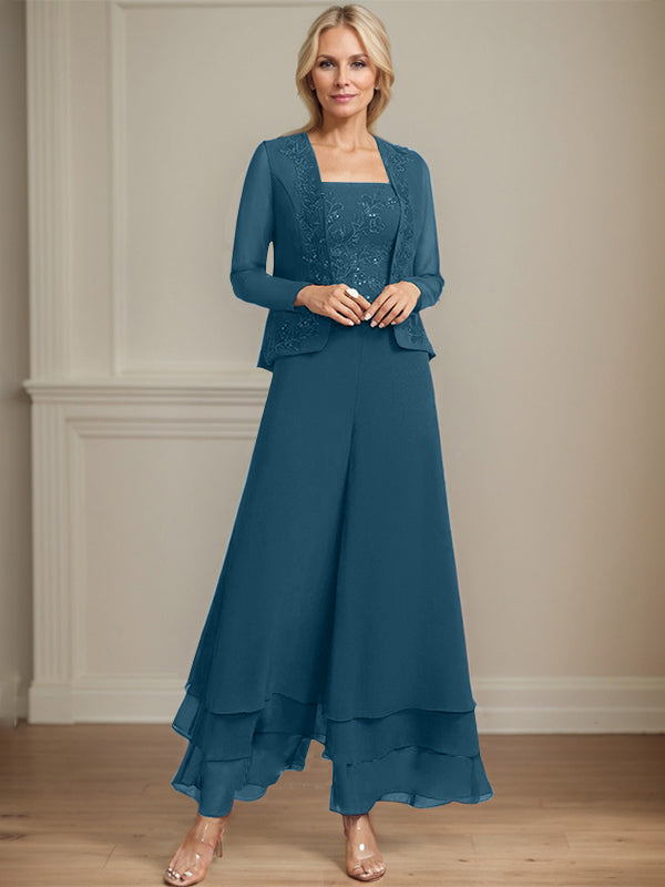 Robe de mère de la mariée en mousseline de soie, longueur cheville, avec sequins, combinaison/tailleur carré 