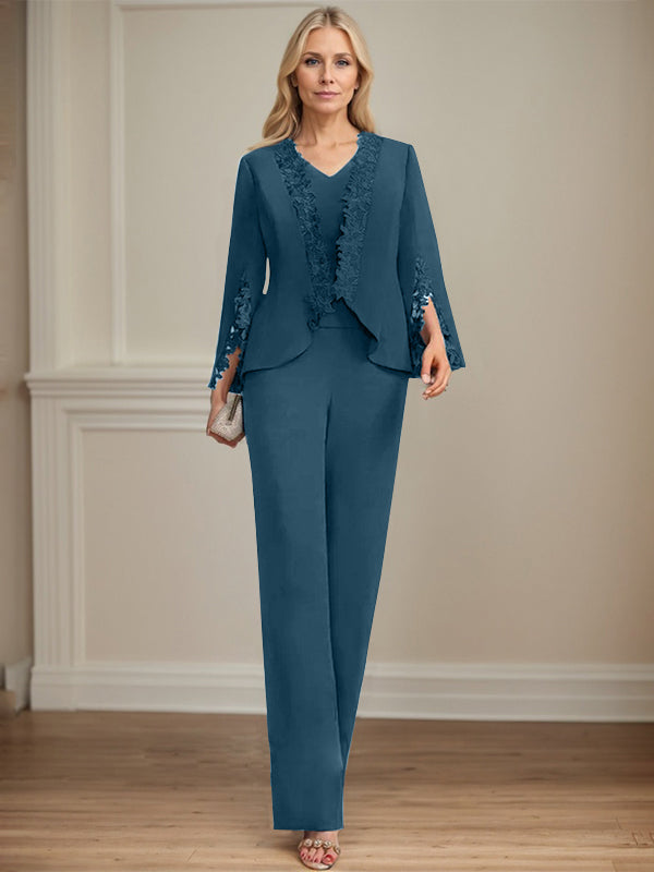 Separates Jumpsuit/Pantsuit V-Neck Floor-Length Chiffon Mother of the Bride Dress