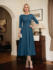 A-line Scoop Illusion Tea-Length Chiffon Lace Mother of the Bride Dress With Beading Sequins